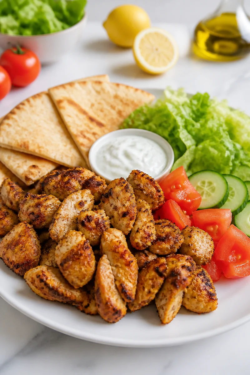 Easy sheet pan chicken shawarma served with fresh vegetables and pita