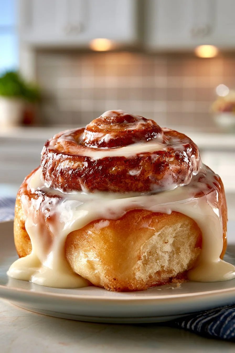 Fluffy cream cheese frosted cinnamon roll on a plate with cinnamon sprinkles