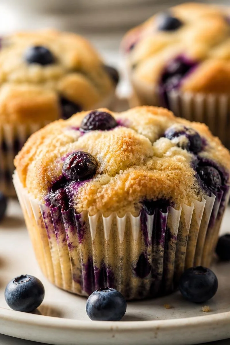 Fluffy blueberry muffins with Greek yogurt on a wooden table.