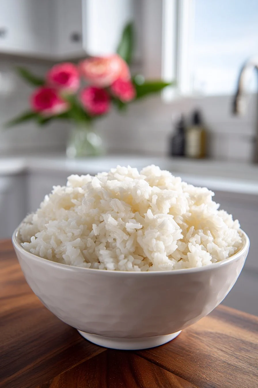 Fluffy Thai Style Coconut Rice with coconut flakes and herbs