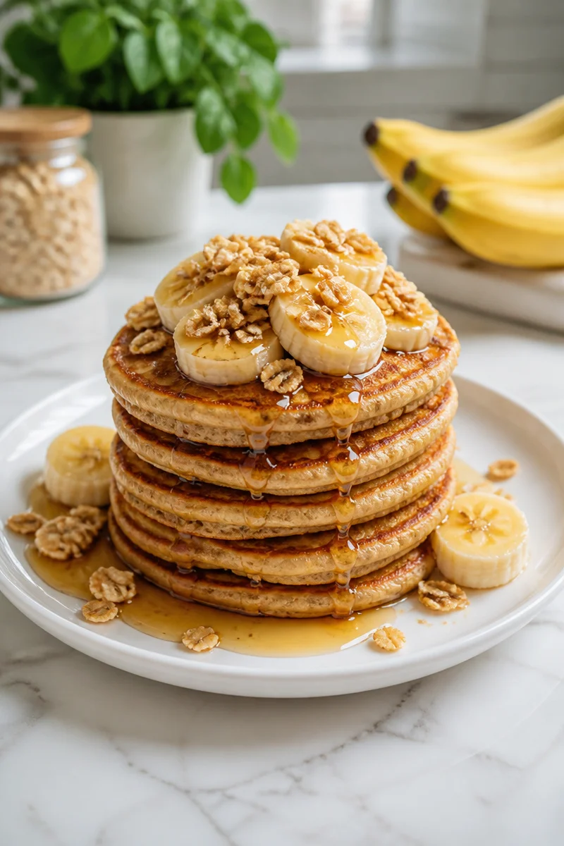 Fluffy vegan oatmeal banana pancakes stacked on a plate with fresh fruit.