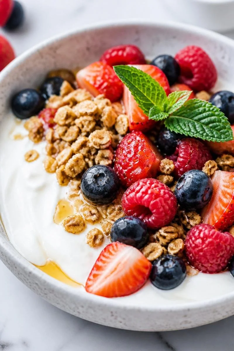 Fresh Berry and Granola Greek Yogurt Bowl for a healthy breakfast