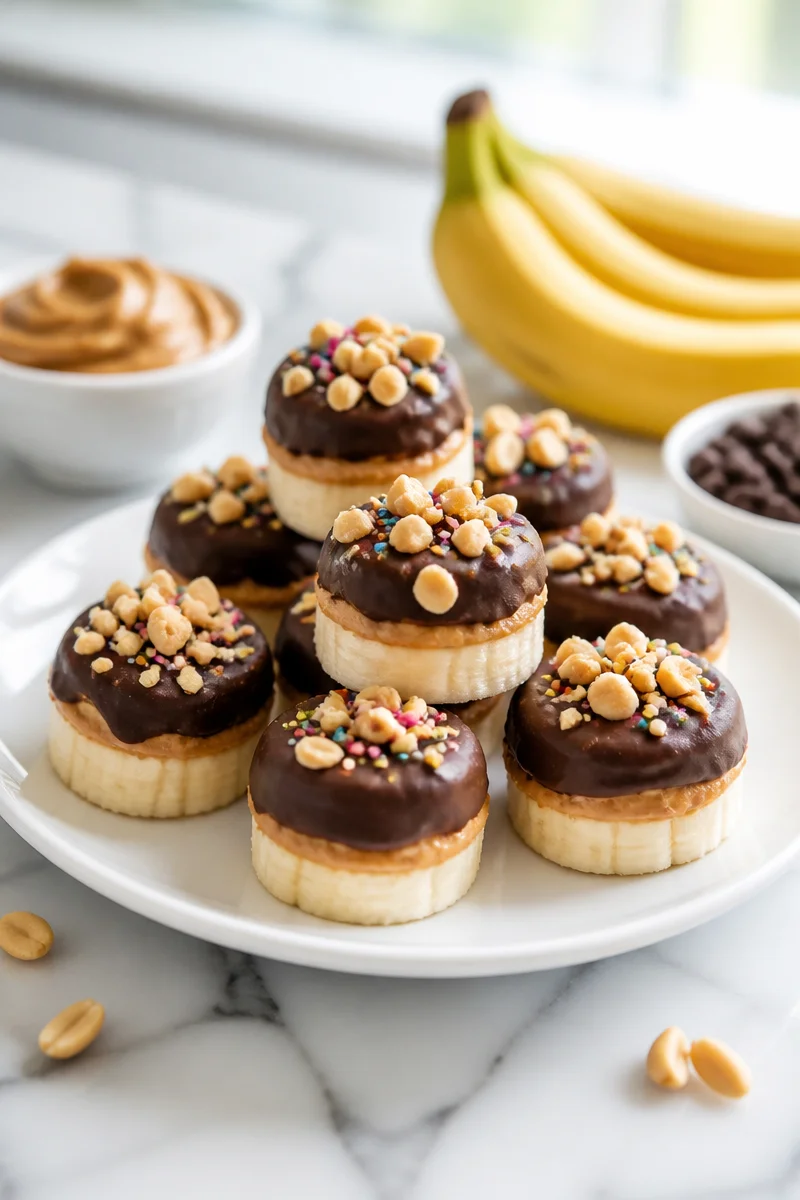 Frozen peanut butter banana bites on a plate, perfect healthy snack option.