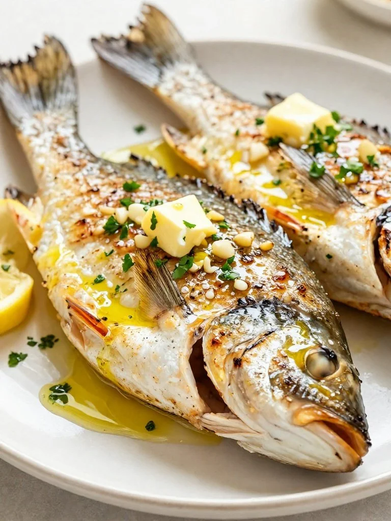 Delicious garlic butter grilled snapper on a plate garnished with herbs.
