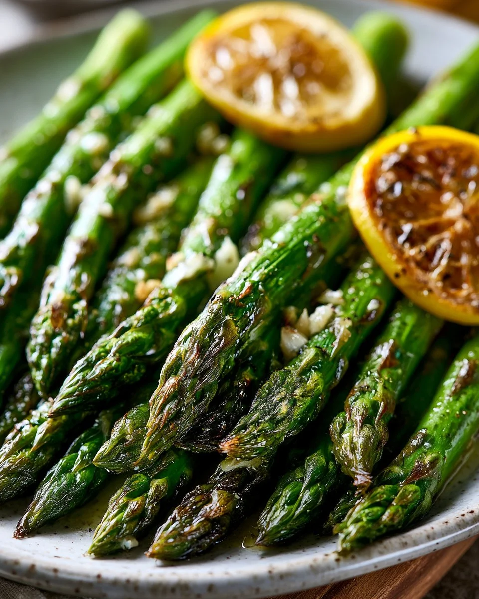 Delicious garlic butter roasted asparagus on a plate