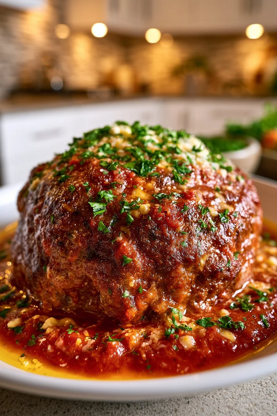 Giant Italian meatball served on a plate with marinara sauce and herbs