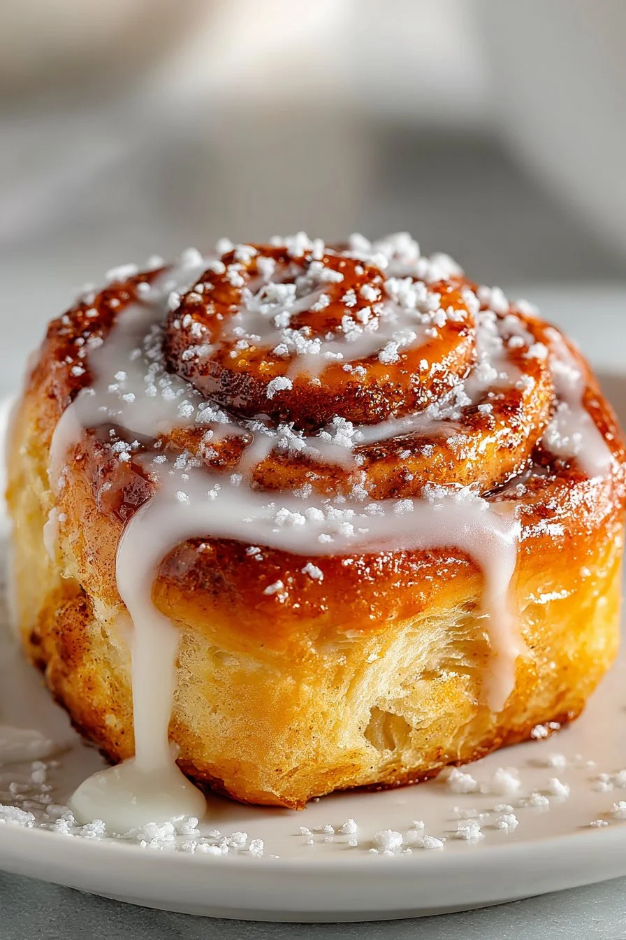 Gooey cream cheese frosted pumpkin cinnamon roll on a plate.