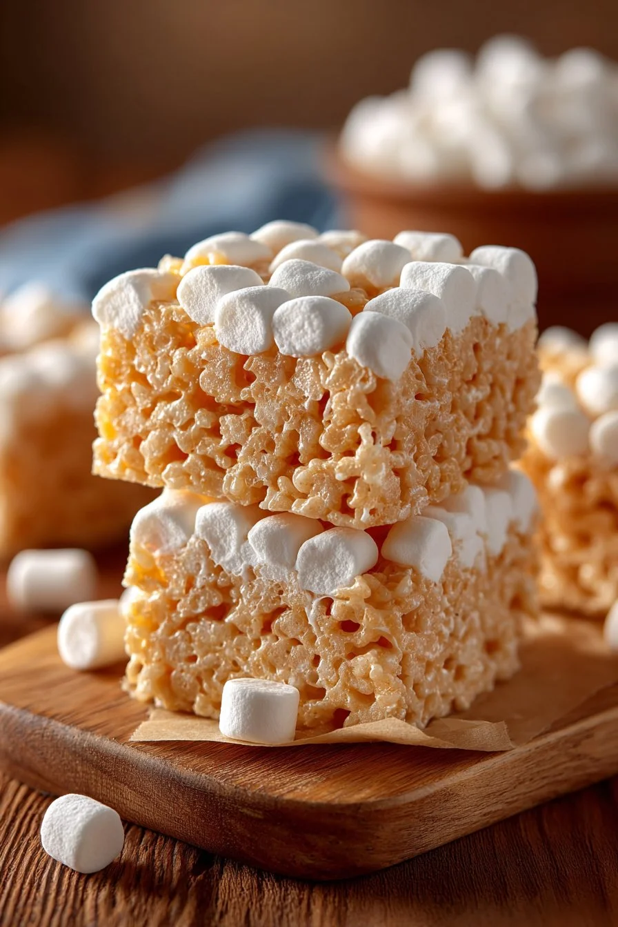 Gooey Marshmallow Rice Krispie Treats stacked on a plate