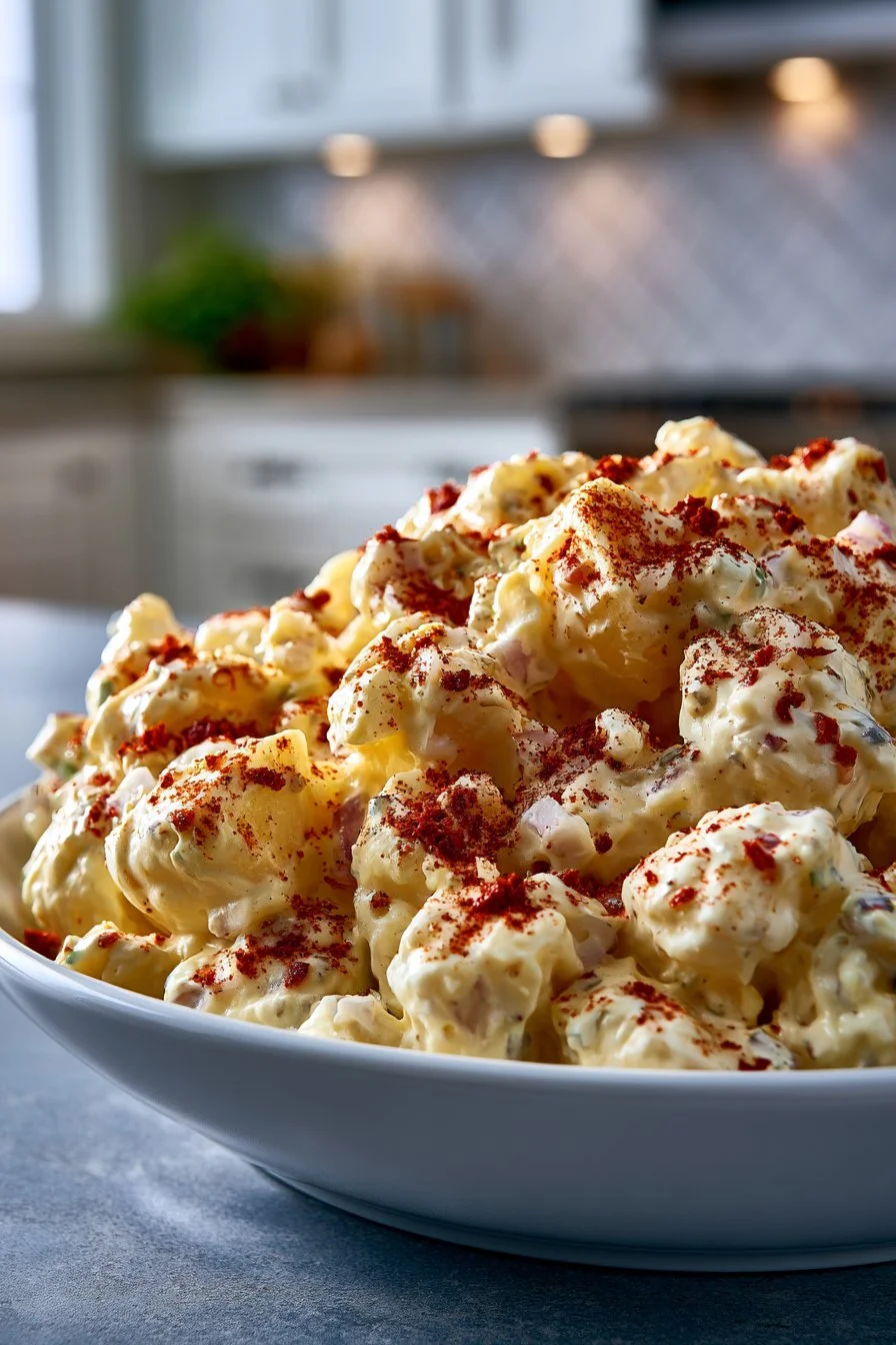Delicious bowl of Grandma's Classic Mustard Potato Salad with fresh herbs and spices