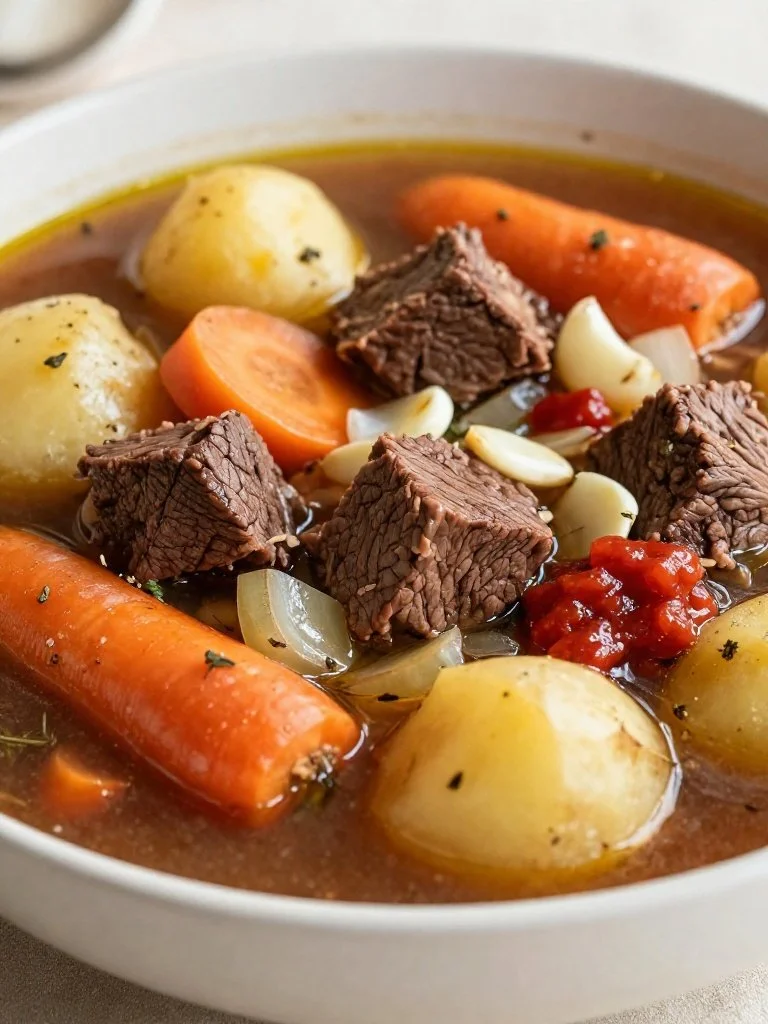 Bowl of Grandma's comforting beef stew filled with tender meat and vegetables