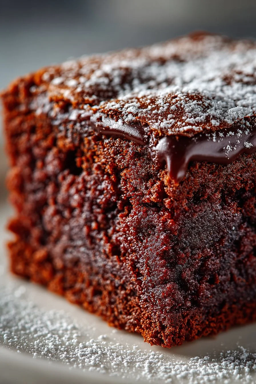 Grandma's Fudge Iced Chocolate Zucchini Cake topped with rich chocolate icing.