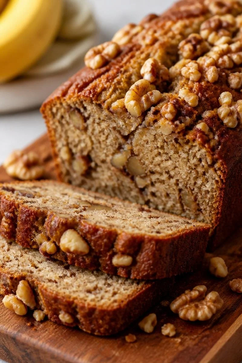 Moist walnut banana bread recipe with walnuts and ripe bananas on a wooden table