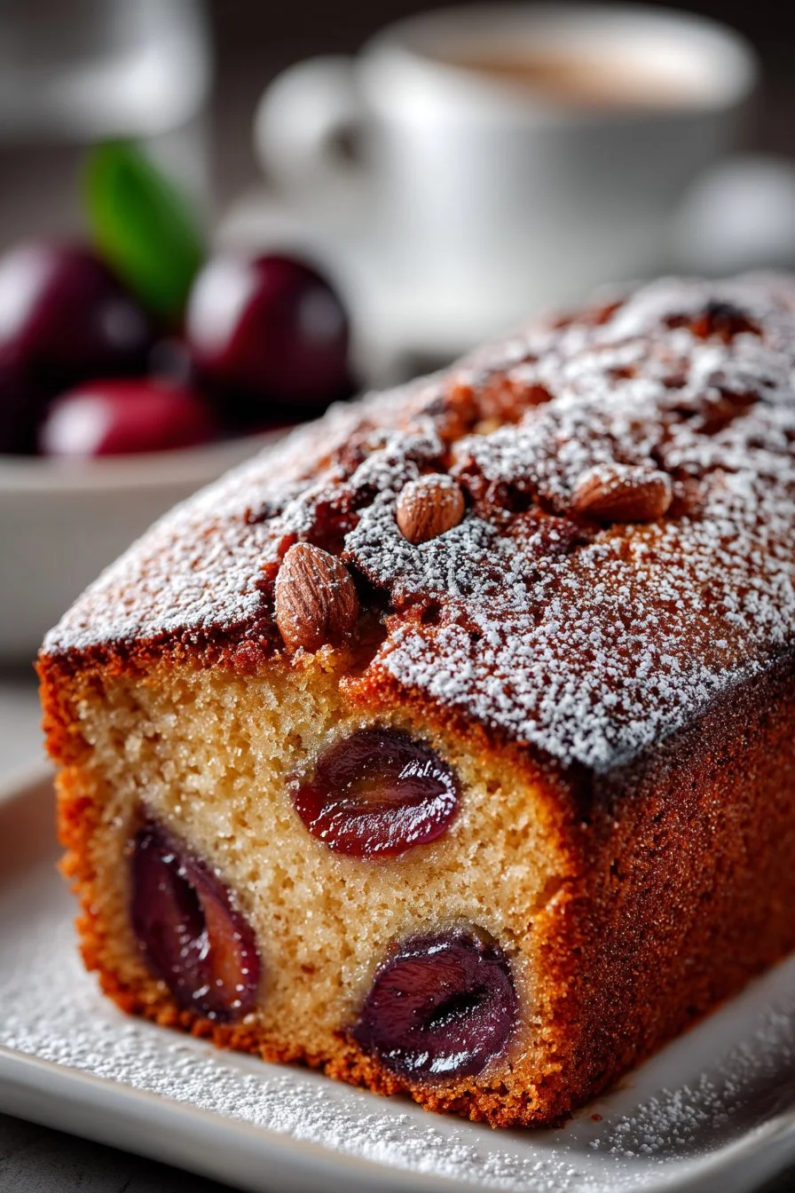 Slice of Grandma's Old Fashioned Spiced Plum Cake on a rustic plate