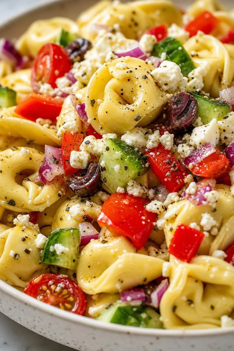 Greek Tortellini Pasta Salad with fresh vegetables and feta cheese
