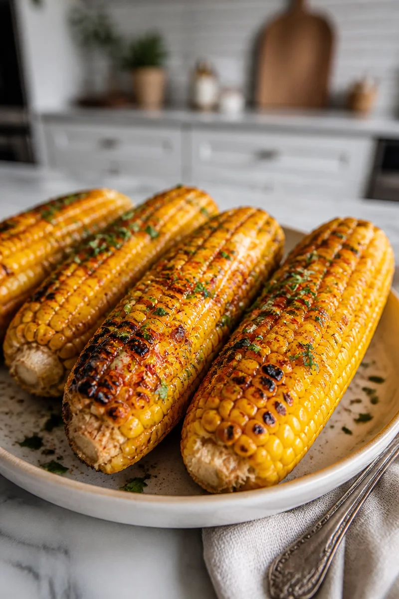 Grilled sweet corn with chili lime butter garnished with fresh herbs