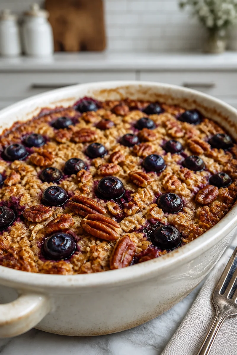 Healthy blueberry pecan baked oatmeal served in a bowl with fresh blueberries on top.