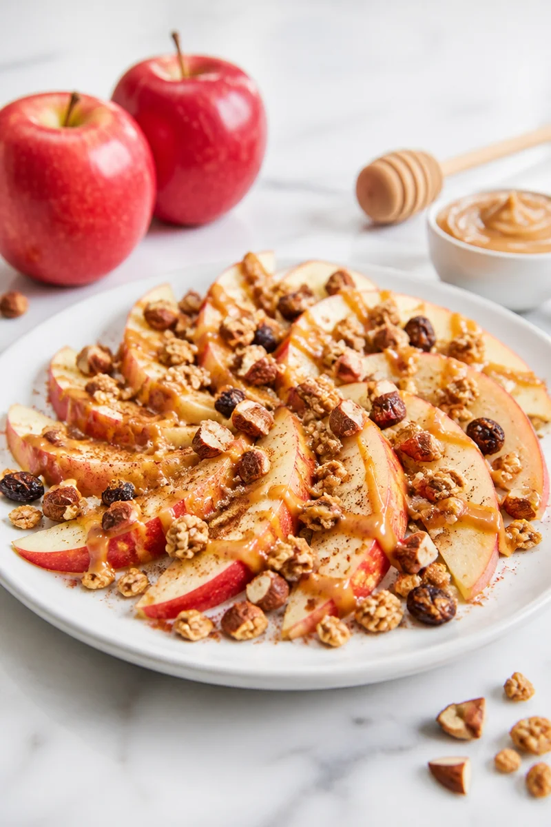 Healthy cinnamon apple nachos topped with yogurt and nuts