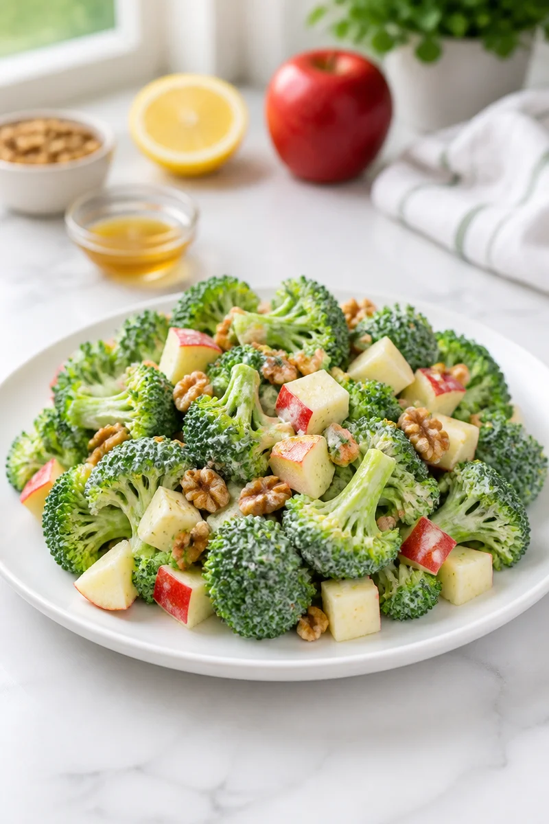 Healthy creamy broccoli apple salad with fresh ingredients and vibrant colors