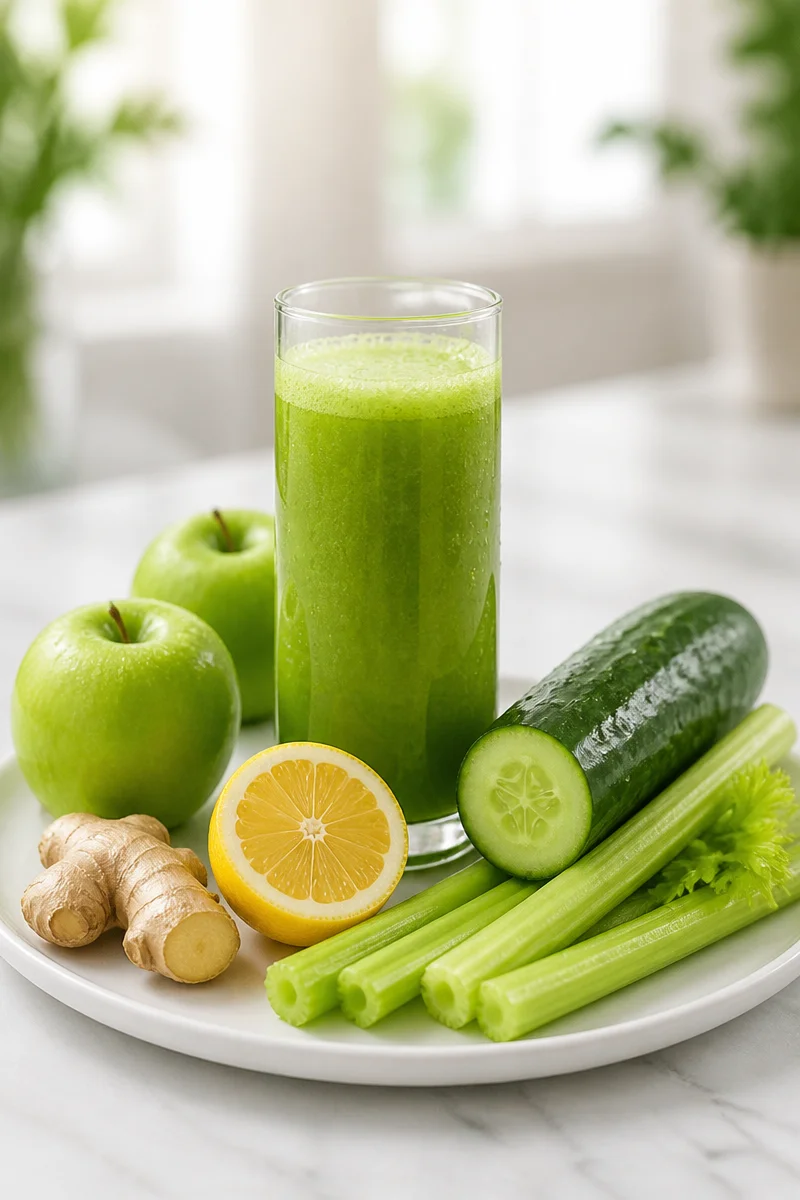 Healthy Detox Green Apple Celery Juice in a glass with green apples and celery
