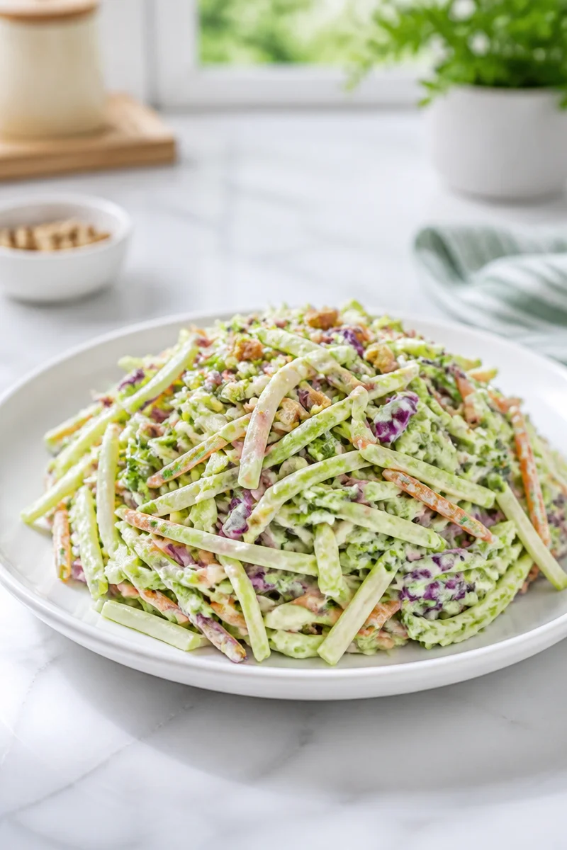 Healthy Greek yogurt broccoli slaw dish garnished with herbs