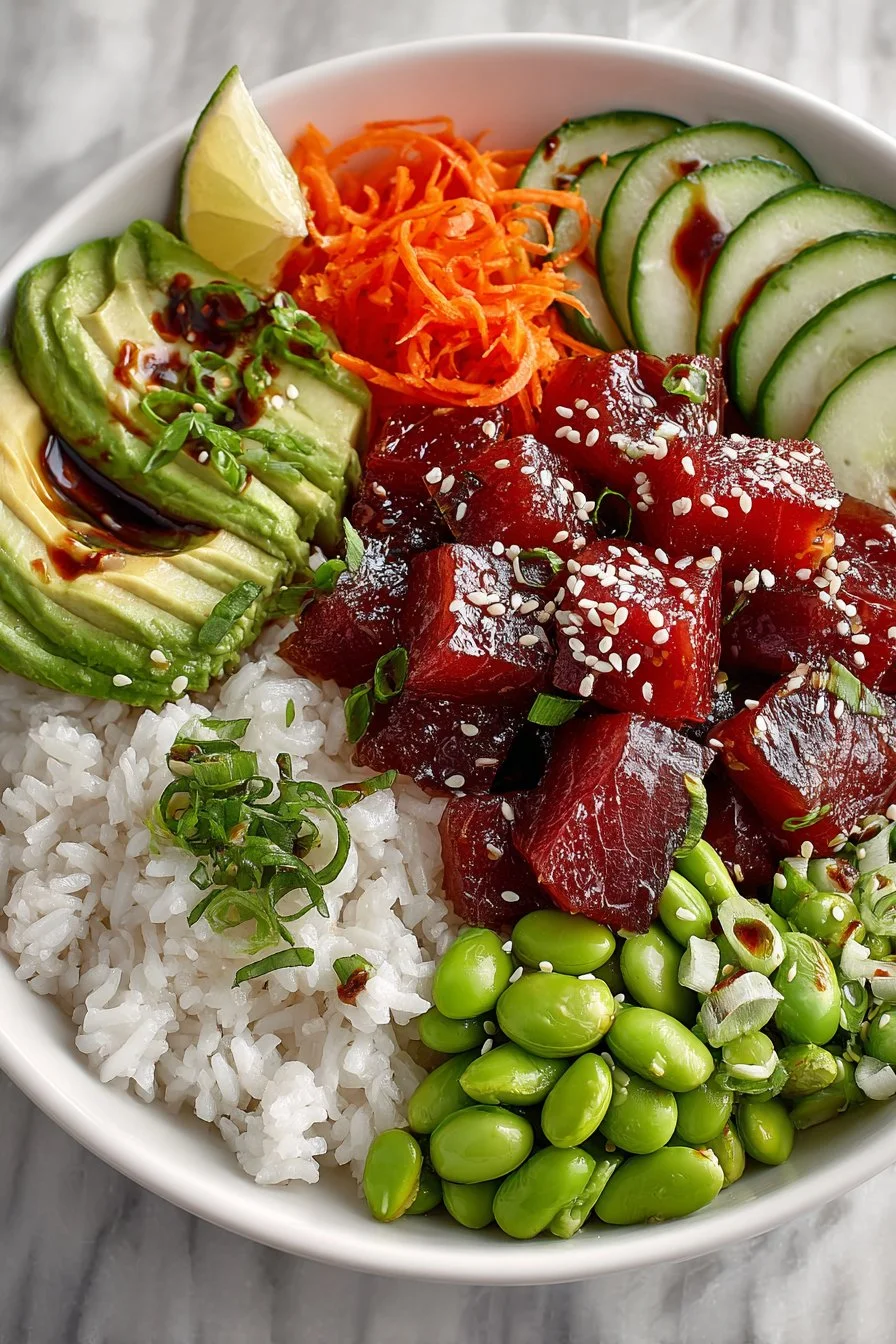 Healthy marinated tuna poke bowl with fresh ingredients