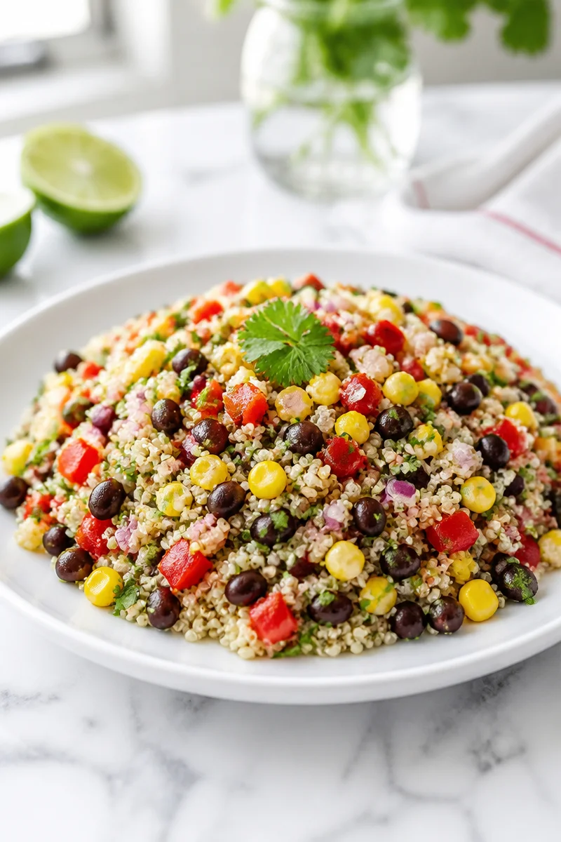 Healthy Quinoa Black Bean Corn Salad served in a bowl