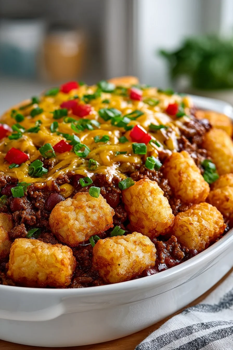 Hearty Beef Cowboy Casserole topped with crispy tater tots, served hot in a dish.