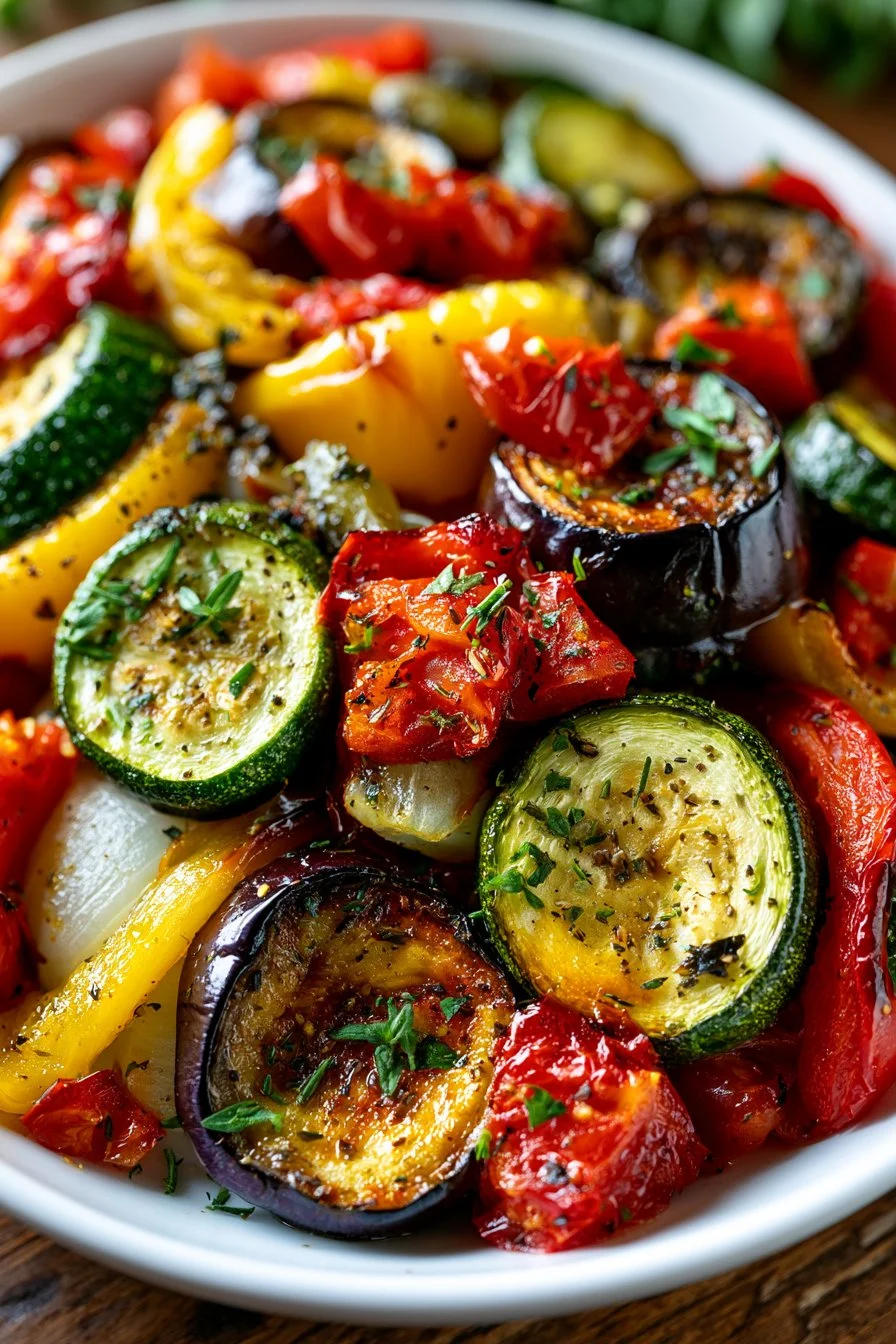 Hearty oven roasted ratatouille served in a rustic bowl with fresh herbs.