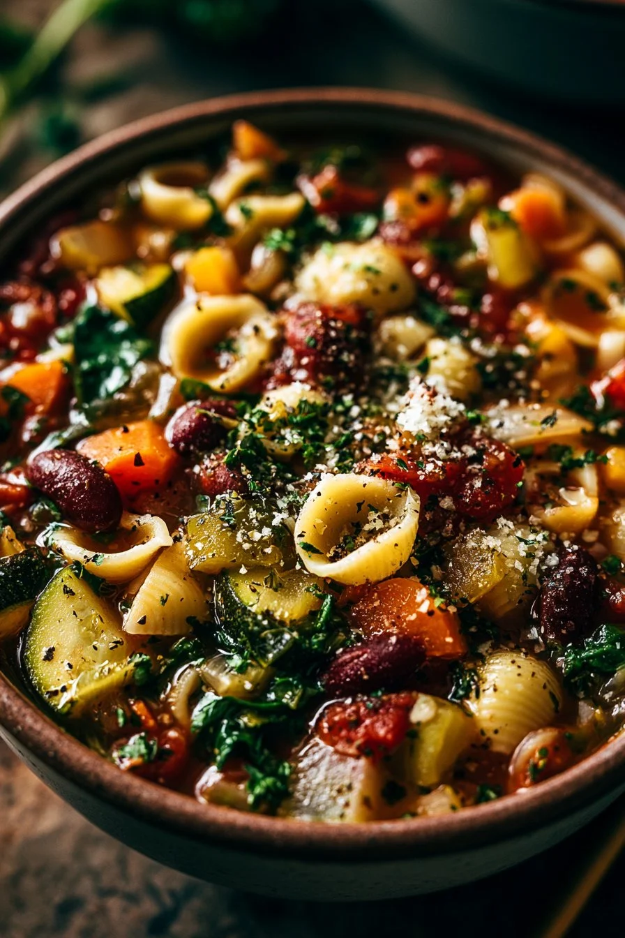 Hearty Tuscan vegetable minestrone soup topped with fresh herbs and vegetables.