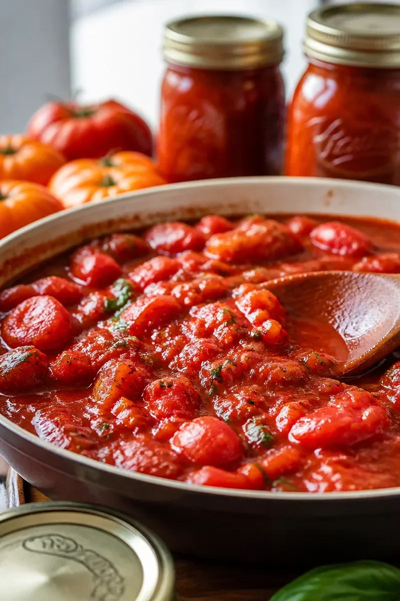 Homemade heirloom farmhouse style canning tomato sauce in jars