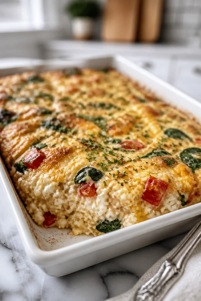 High protein cottage cheese breakfast bake served in a dish
