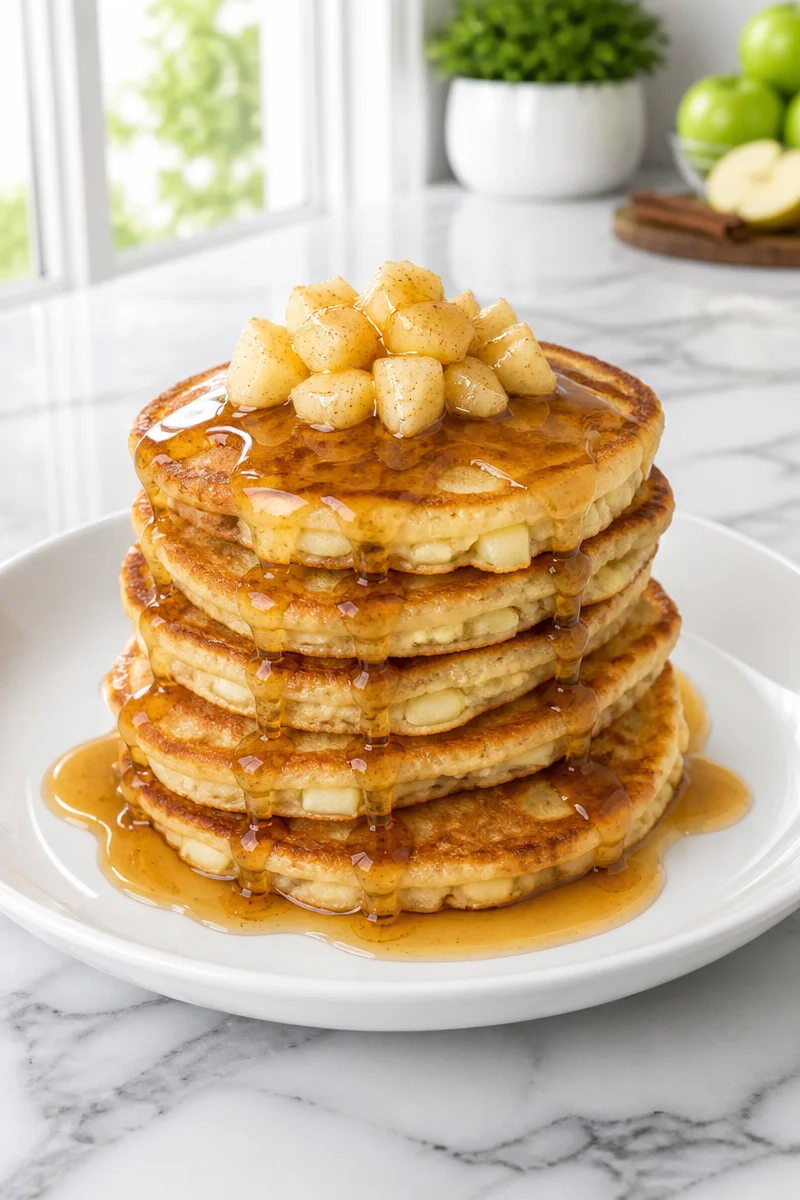 Stack of homemade apple cinnamon buttermilk pancakes topped with apple slices and syrup