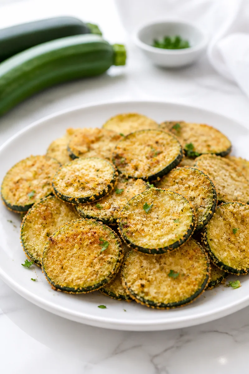 Homemade crispy baked zucchini chips served as a healthy snack