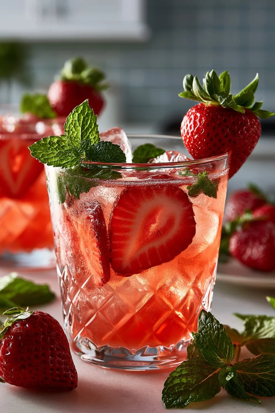 Refreshing homemade strawberry mint energy drink in a glass