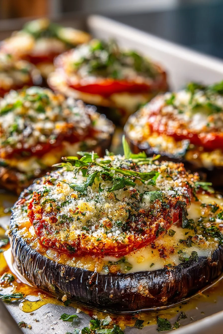 Cheesy Parmesan baked eggplant dish served on a plate