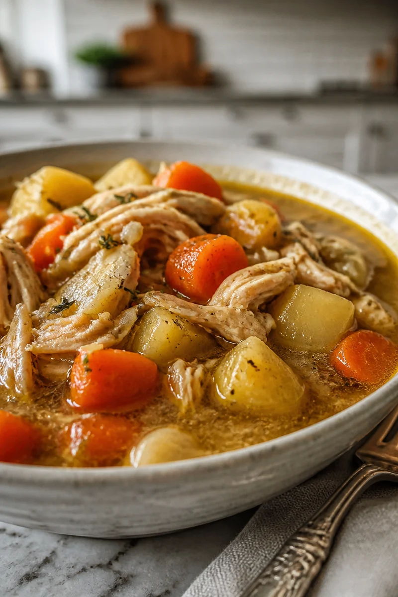 Homestyle slow cooker chicken stew with vegetables in a bowl