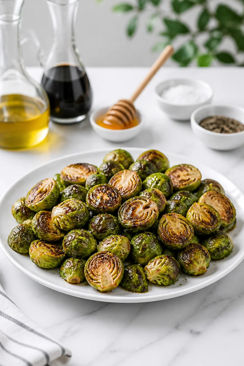 Honey balsamic roasted Brussels sprouts in a bowl, garnished and ready to serve.