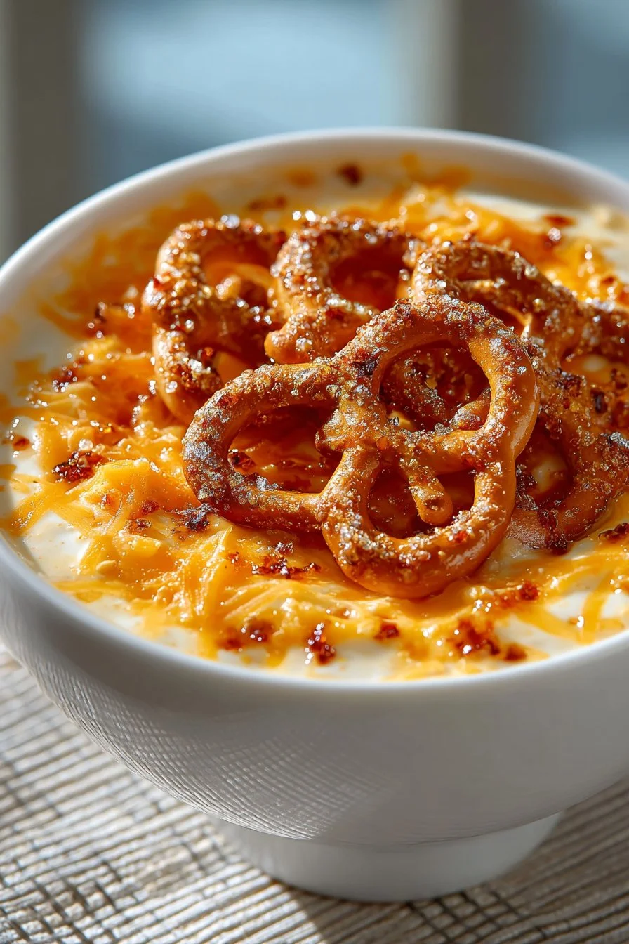 Hot cheddar beer cheese dip served with pretzels