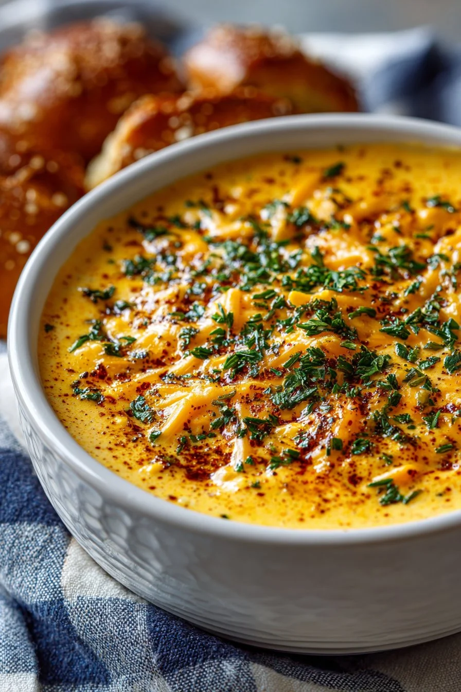 Hot Cheddar Beer Cheese Dip for Pretzels