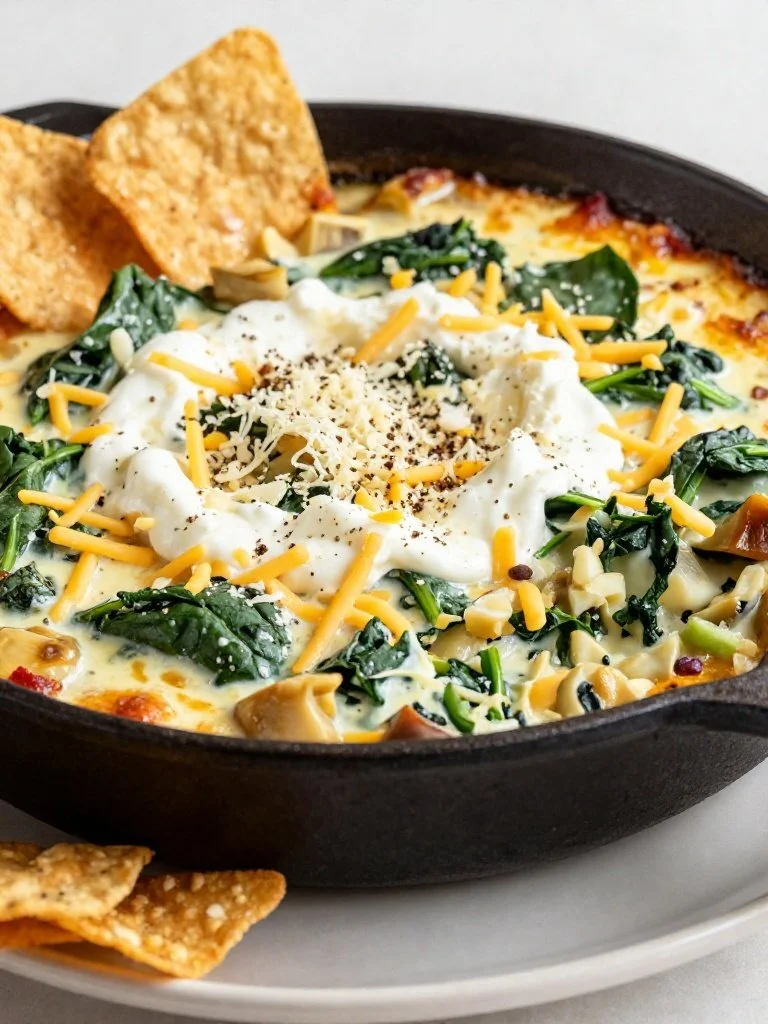 Hot Cheesy Skillet Spinach Artichoke Dip served in a skillet