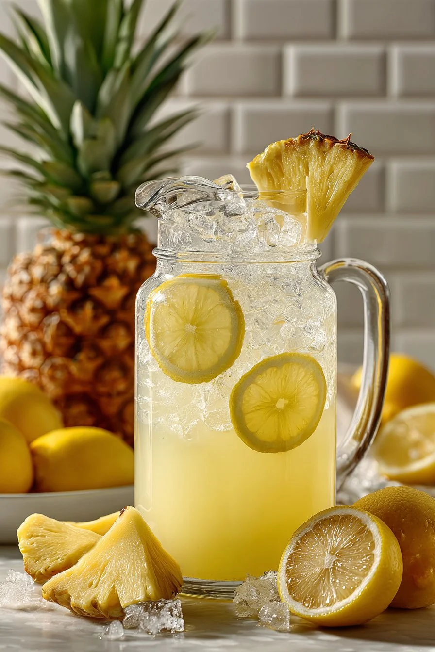 Pitcher of sweet iced pineapple lemonade served with lemon slices.