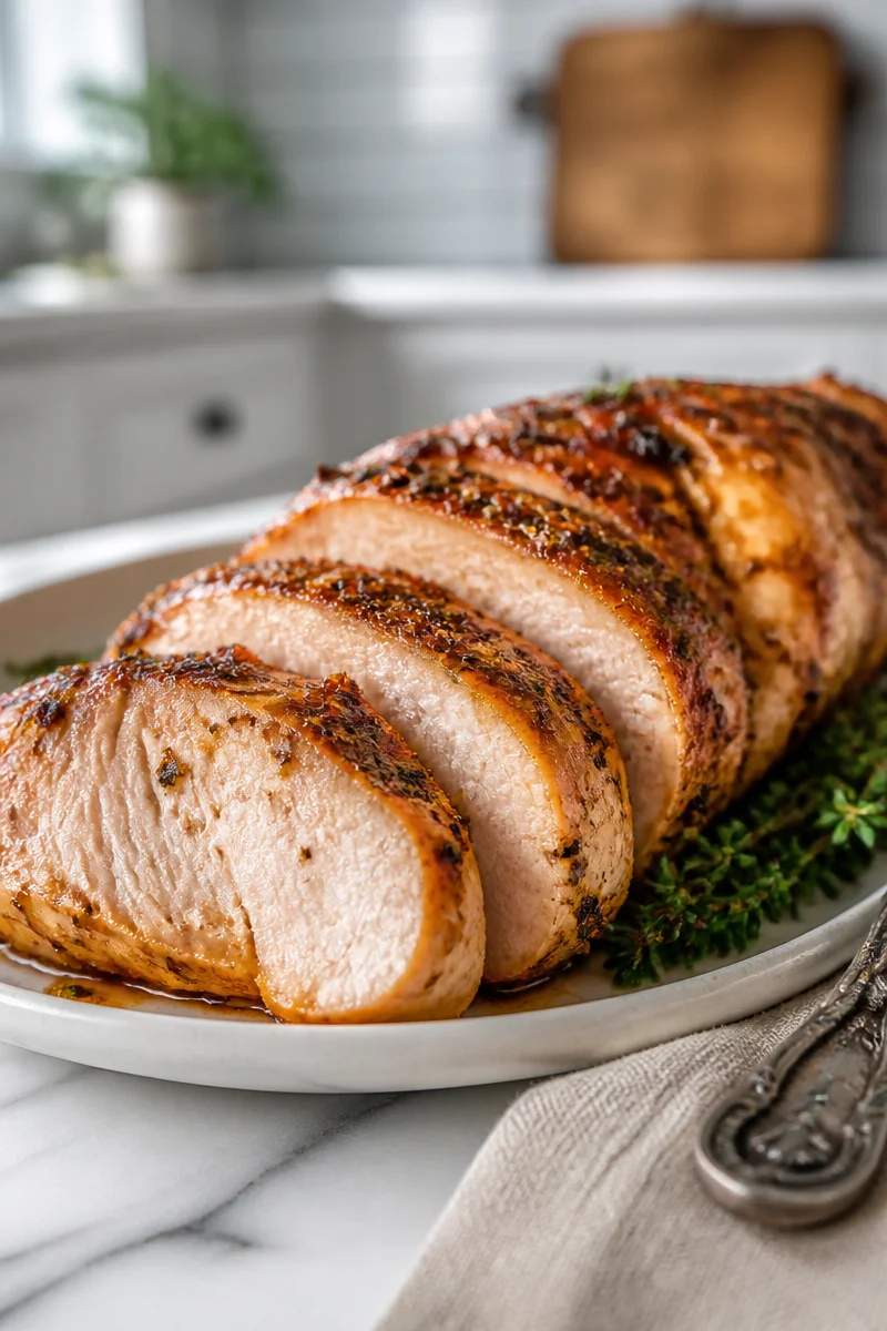 Juicy air fryer turkey breast tenderloin served on a plate