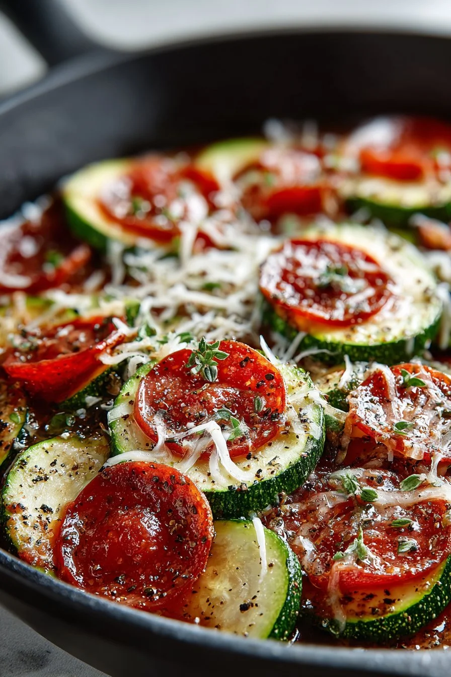 Keto Pepperoni and Cheese Zucchini Pizza Skillet