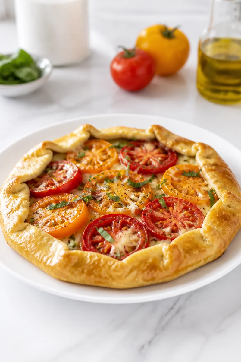 Freshly baked late summer heirloom tomato galette with vibrant colors