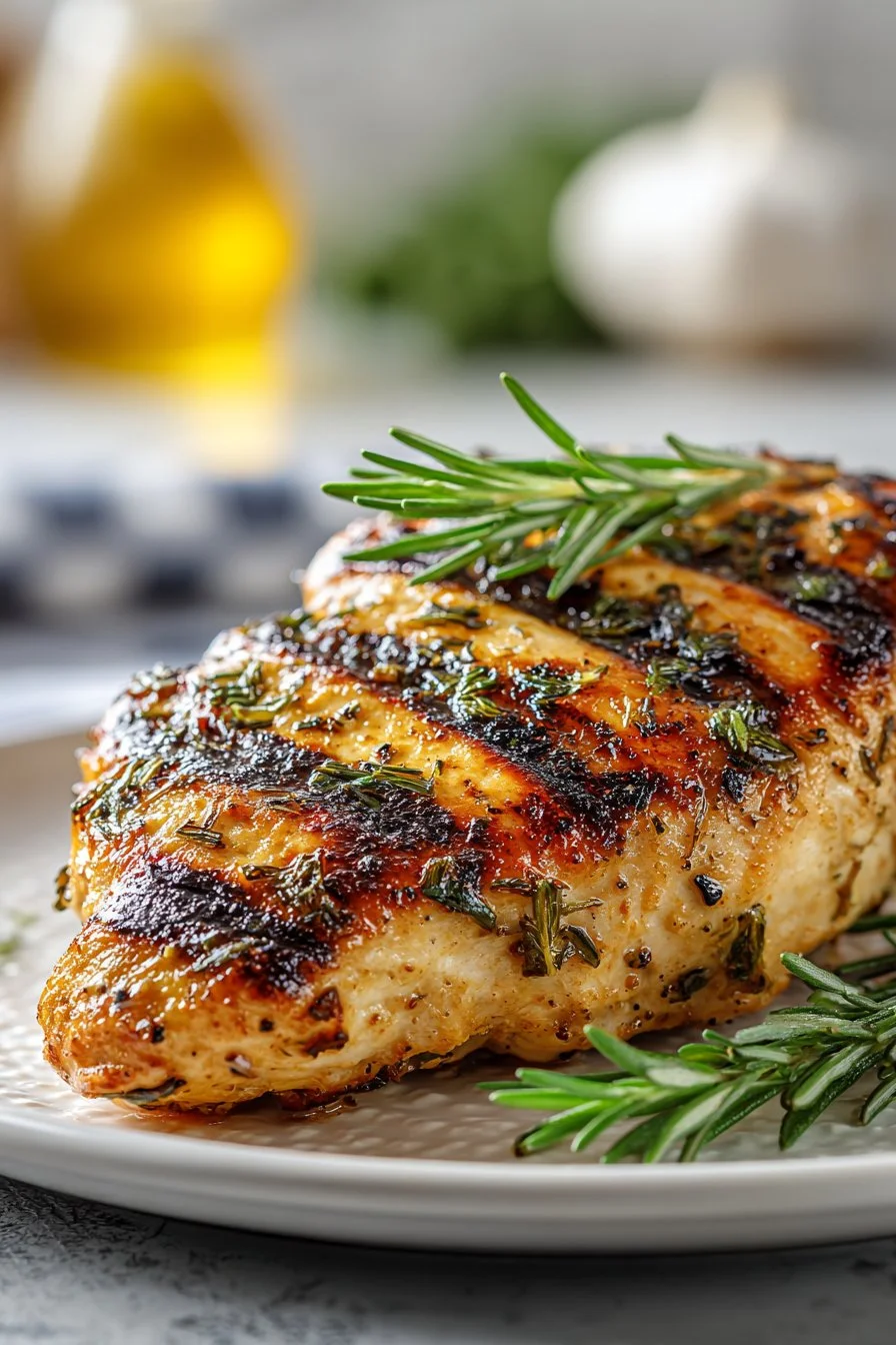 Lemon Herb Grilled Chicken on a serving platter garnished with fresh herbs