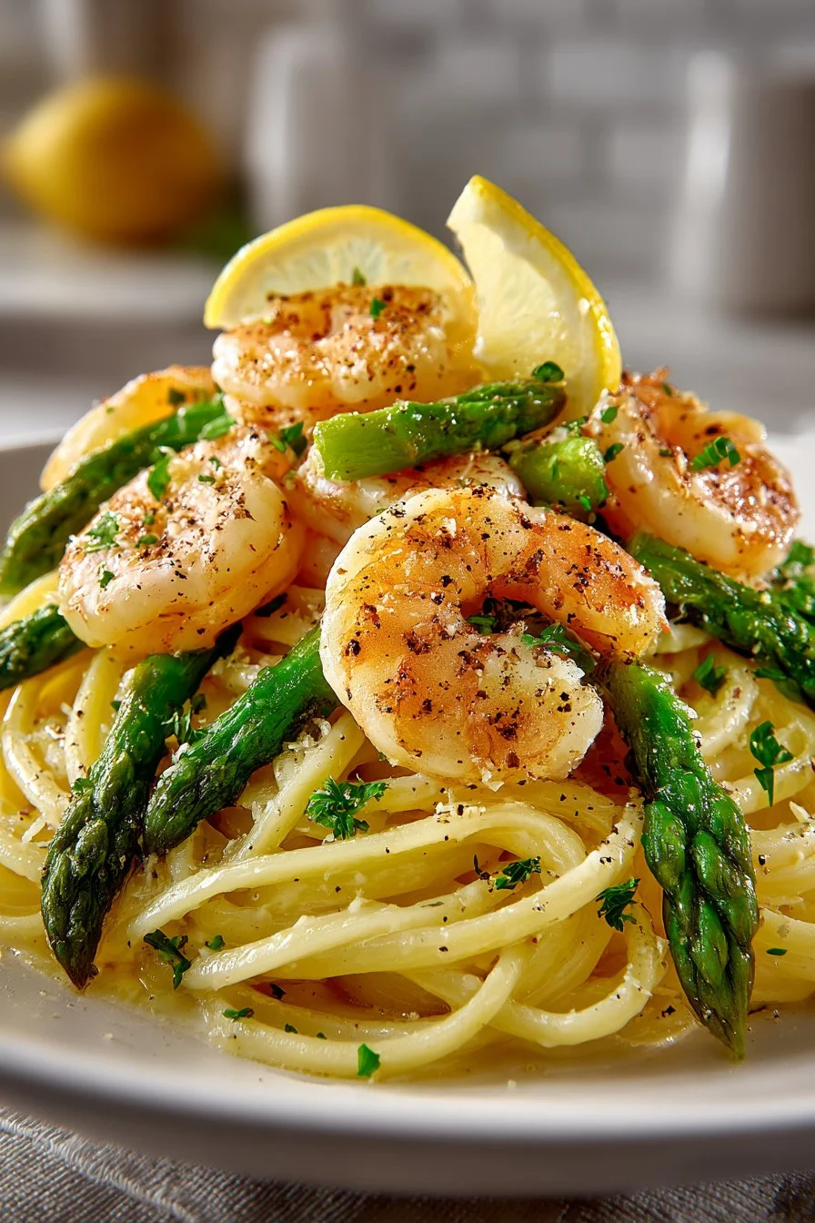 Light and fresh asparagus lemon shrimp pasta dish garnished with lemon slices.