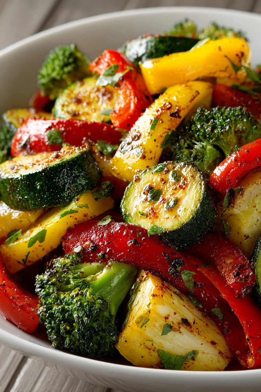 Colorful low carb roasted veggies served on a plate, ideal for healthy meals.