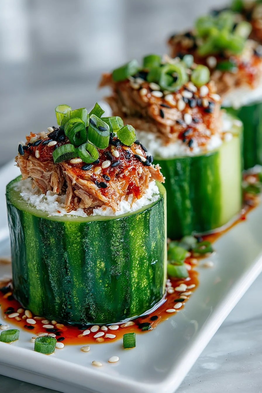 Low carb spicy tuna cucumber sushi rolls on a plate