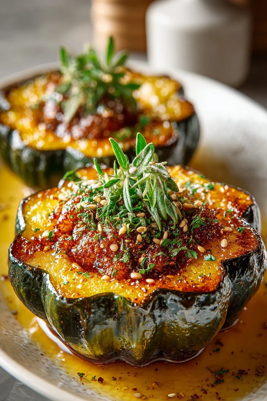 Maple cinnamon glazed acorn squash garnished and ready to serve