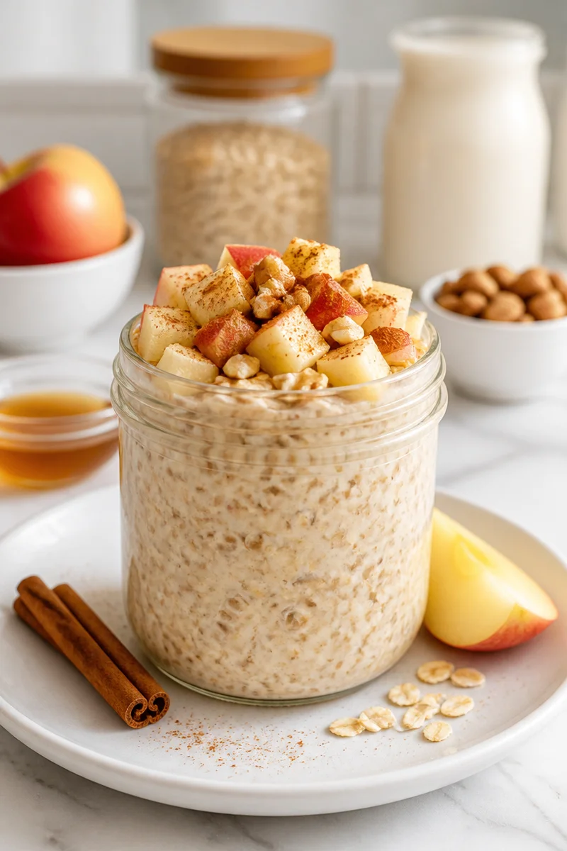 Bowl of meal prep apple cinnamon overnight oats topped with fresh apple slices and cinnamon